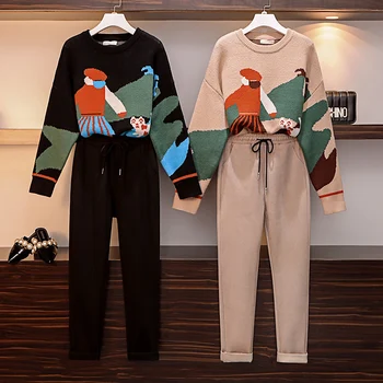 

BornSra Women 2 Piece Pant Set 2020 Plus Size Fall Winter Knitted Pattern Girl Loose Sweater And Woolen Casual Trousers suit
