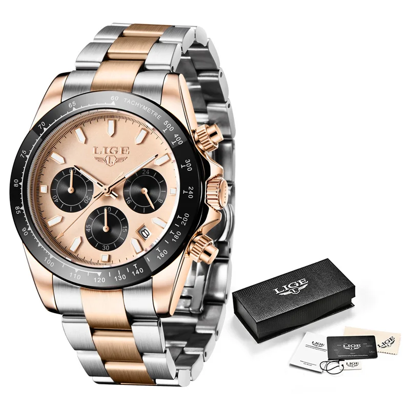 2022 LIGE Military Sport Mens Watches Top Brand Luxury Gold Quartz Watch For Men Stainless Steel Waterproof Clock Men's Watch 