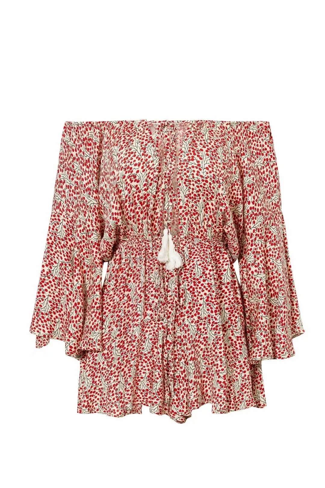 Boho Женщины оборками комбинезон с расклешенными рукавами с открытыми плечами пляжный комбинезон свободные кисточкой короткие сексуальные комбинезоны