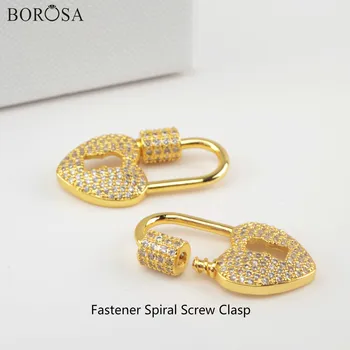 

BOROSA Fashion Heart Screw Clasp Lock of Love Charm for Necklace Micro Paved CZ Gold Clasp Jewewlry Findings for Necklace WX1347