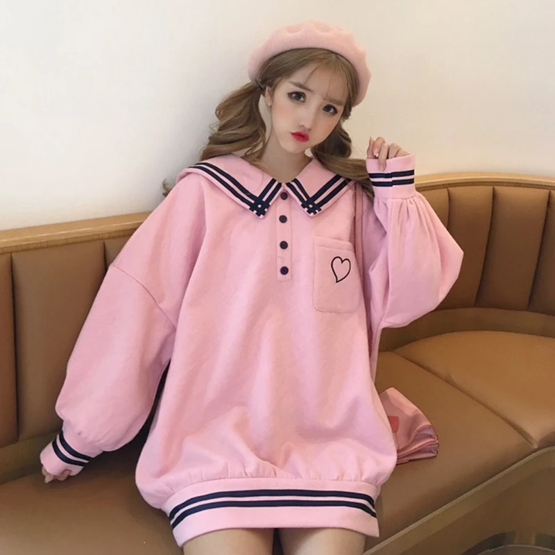 Японская Harajuku женская школьная форма морская воротник белый синий розовый объемный пуловер вышивка флис Осенняя теплая верхняя одежда