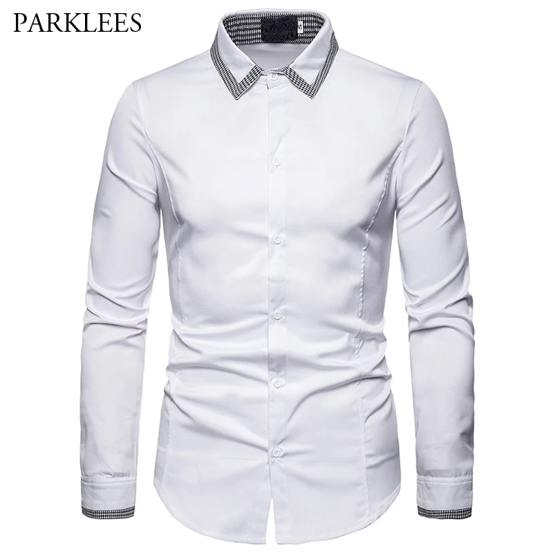 

Houndstooth Design Collar Shirts Men's White and Black 2019 New Fashion Slim fit Casual Business long-sleeved Shirt For Men