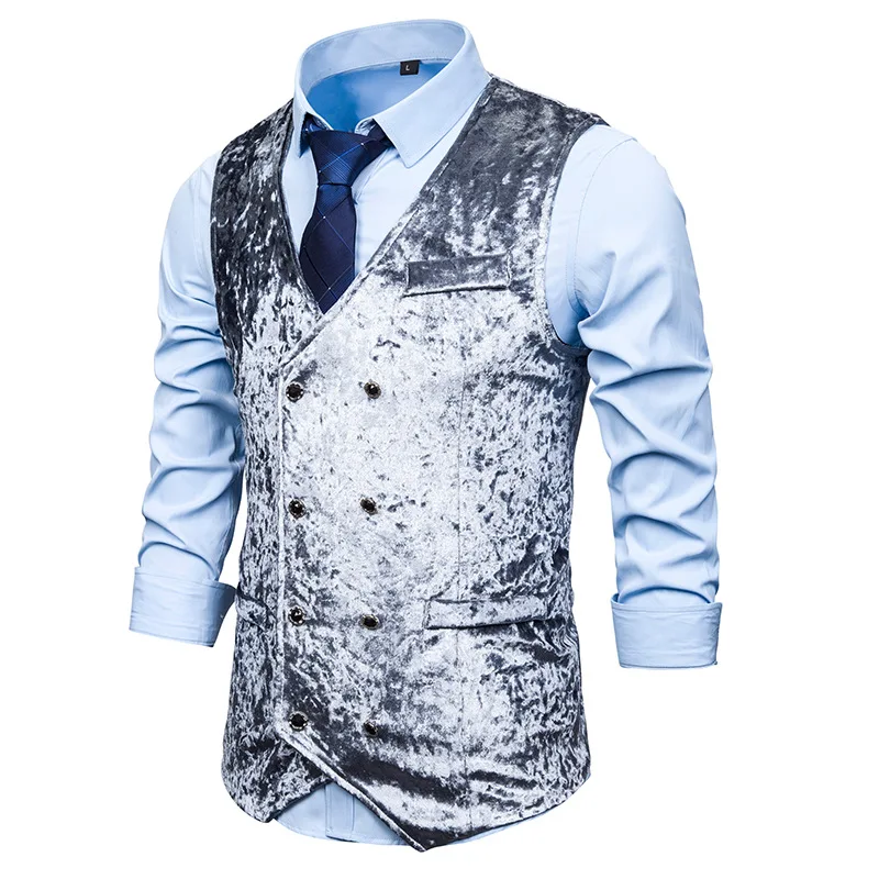 Mens Double Breasted Suit Vest Brand New Navy Velvet Waistcoat Men Slim Fit Business Casual Vest Male Chalecos Para Hombre