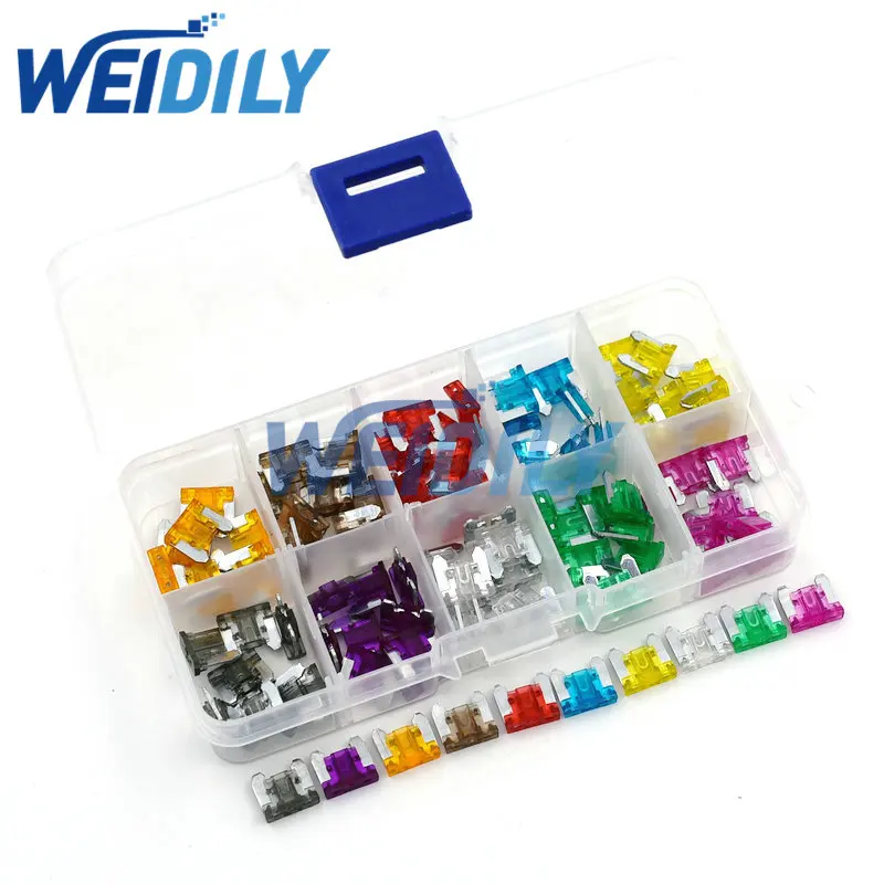 100PCS New mini Auto Automotive Car Boat Truck Blade Fuse Box Assortment 2A 3A 5A 7.5A 10A 15A 20A 25A 30A 35A With Box