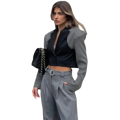 2021 Women Vintage Wear Lapel Long Sleeve Black Blazer Women  Fashion Splicing Contrast Temperament Slim Suit Women