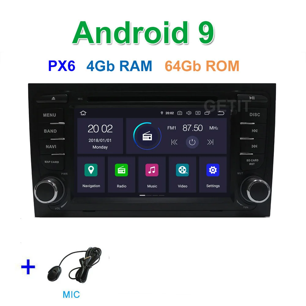 PX6 4G-RAM 64G-ROM DSP 64G PX6 Android 9 автомобильный dvd-плеер радио для Audi A4(2002-2008) с WiFi bluetooth Стерео gps навигация - Цвет: PX6 4G-RAM 64G-ROM