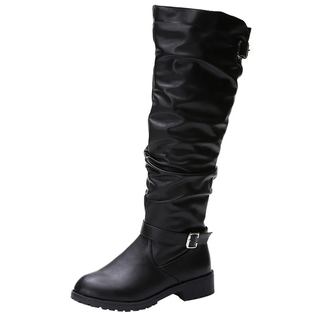 Женские ботинки зимние и осенние однотонные высокие сапоги из натуральной искусственной кожи на молнии и квадратном каблуке сапоги до колена сапоги с круглым носком - Цвет: Черный