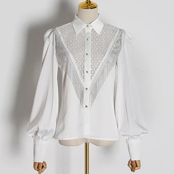 

Hollow Out Blouse Women Lantern Sleeve Tassels Women Blouse Shirt