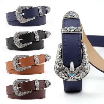 

Vintage bohemian Women Black PU Leather Cowgirl Waist Belt Metal Buckle Waistband Fashion Belts For Women Gift cinturon mujer