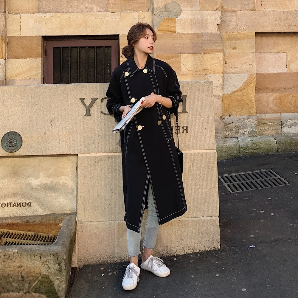 

Photo Shoot 2019 Autumn New Style Korean-style WOMEN'S Wear Retro CHIC Waist Hugging Open Wire Mid-length Double Breasted Trench