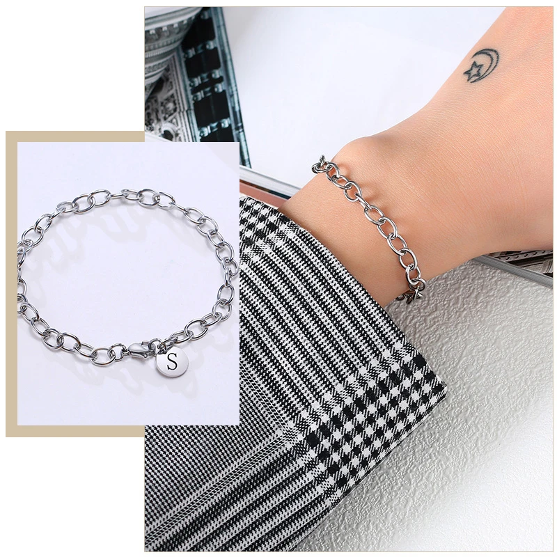 

Personalize Initial Bracelet for Women,Never Fade Silver Tone Stainless Steel Coin Charm, Custom Wristband Gifts