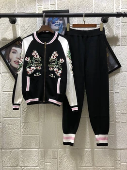 

2020 Spring New Knitted Suit Casual Fashion Embroidered Zipper Cardigan Jacket and Casual Knitted Pants Set