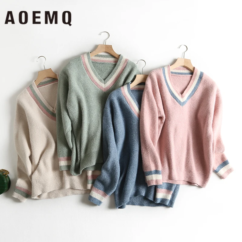 Tanie AOEMQ swetry w stylu casual grube 4 kolory cukierki stałe dekolt ciepłe miękkie pulowery zimowy sweter luźne kobiety topy sweter odzież