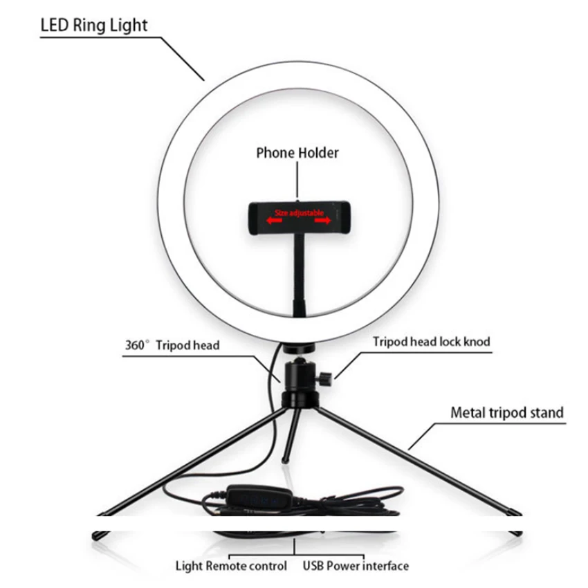 10 дюймов USB светодиодный кольцевой светильник для селфи с регулируемой яркостью двухцветный 3200-5600k CR95 камера телефон кольцо лампа