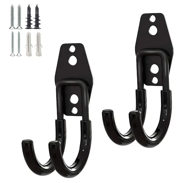 2 Pack Garage Hooks Heavy Duty Steel Storage Hangers for Garage Wall Mount Anti-Slip Utility Hooks for Bike Garden Tools Ladders Black Small J