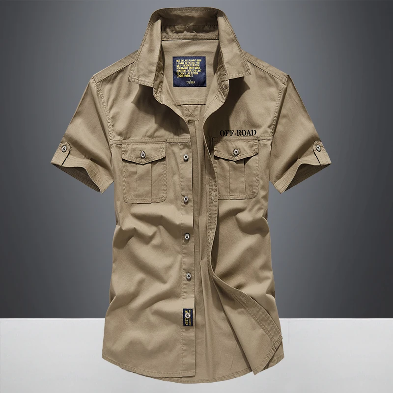 Мужские рубашки, хлопковая Военная рубашка цвета хаки, повседневная приталенная рубашка с карманом, винтажная рубашка с коротким рукавом, уличная одежда - Цвет: khaki