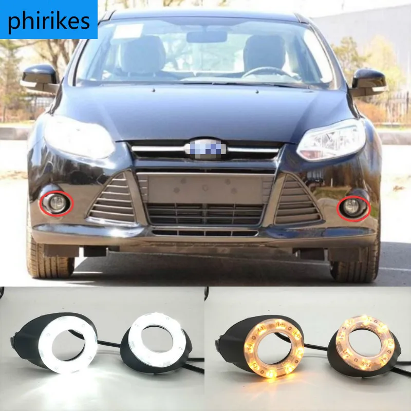 

Для Ford Focus 3 MK3 2012 ~ 2015 дневные ходовые огни светильник для Ford Focus LED DRL светодиодный Противотуманные фары крышка с желтым указатели поворота функции