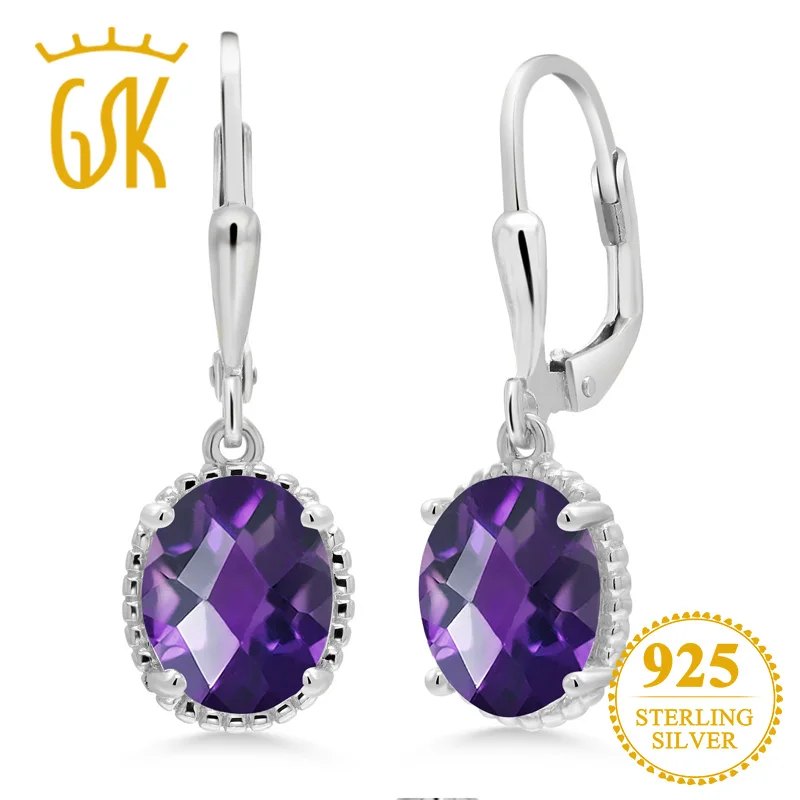 GemStoneKing 3,00 карат овальные шахматная доска Фиолетовый аметист 925 пробы серебряные серьги для женщин хорошее ювелирное изделие