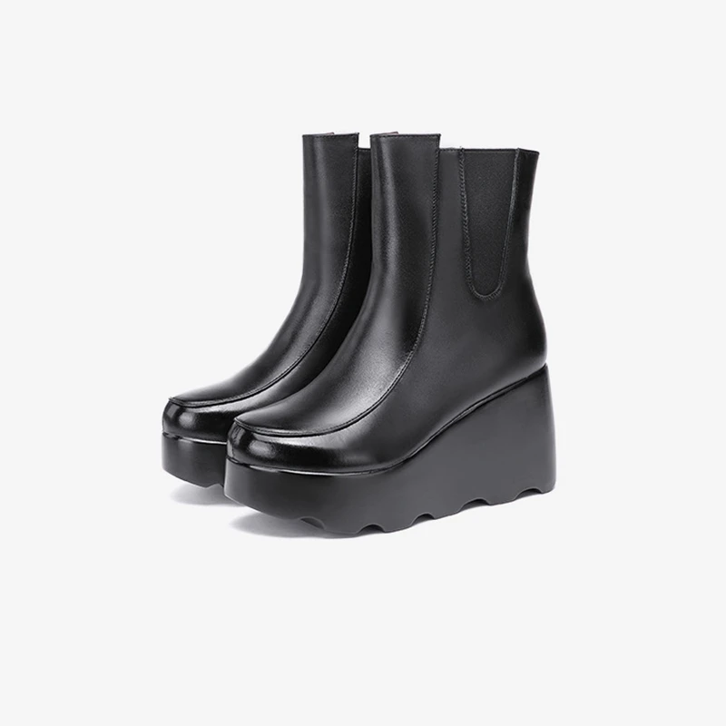 

Classic Black Autumn Winter Boots Thick Heels Platform Shoes New 2020 Women Boots Wedge Split Leather Shoes High Heels Botas