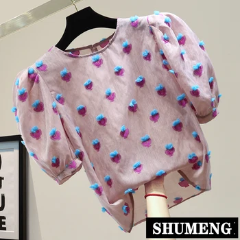 

2020 Summer Korean-Style Ladies Shirt Fashion Temperament Embroidered Patch Cotton and Linen Puff Sleeve All-match T-shirt Tops