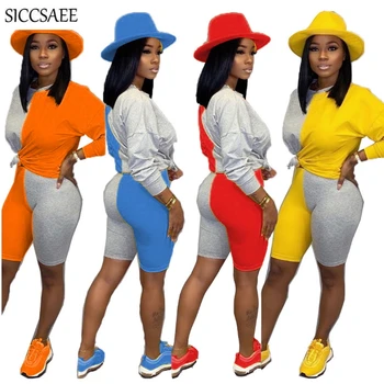 

2020 Spring New Contrast Color Patchwork 2 Piece Set Long Sleeve Tee Short Sets For Women Loose Casual Playsuits Activewear