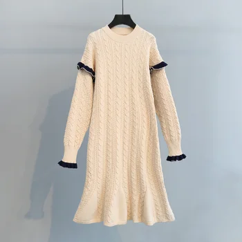 

lady elegant knitted women dresses mermaid solid ruffles knee-length lady elegant party dresses top quality