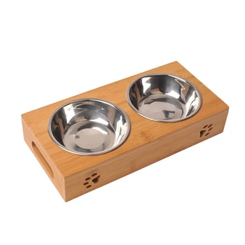 

Pet Cat Double Bowl Solid Wooden Dish Rack Cat Feeding Bowl Bamboo Plate Dining Table Cat Stainless Steel Water Bowl for Cats, D