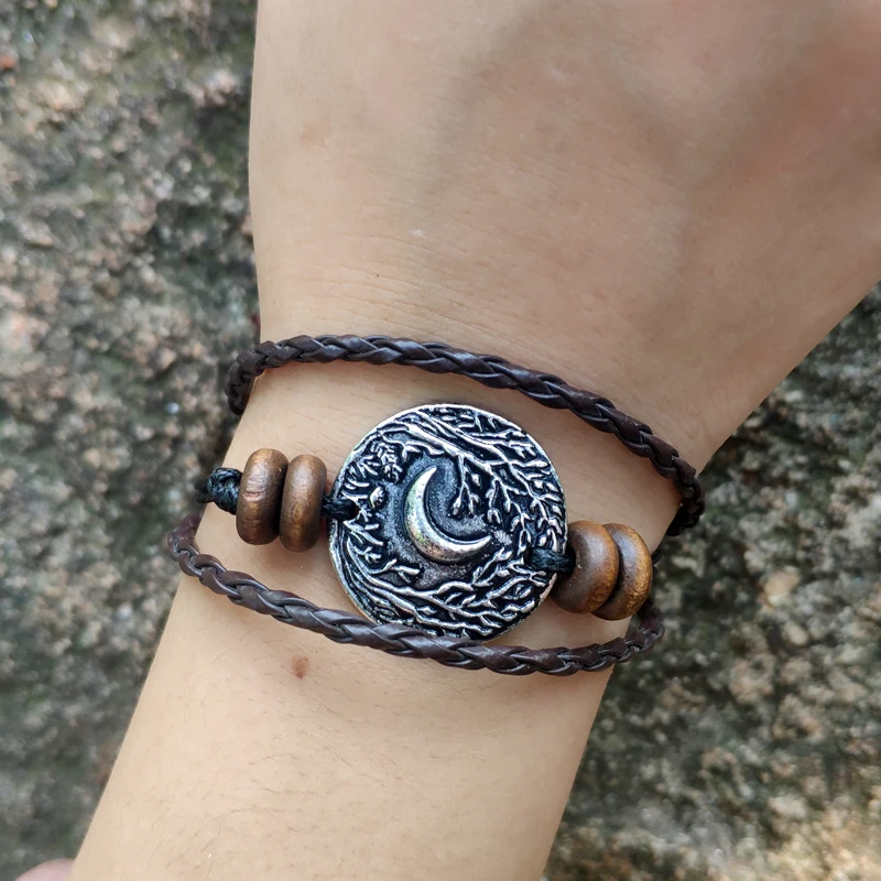 

50pcs Moon Tree Goddess Magic Multilayer Leather Bracelet Vintage Leather Braided Rope Wristband For Women Men