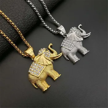 

Animal Elephant Necklace & Pendant Iced Out Box Chain Gold Color Stainless Steel Cubic Zircon Men's Women Hip Hop Rock Jewelry