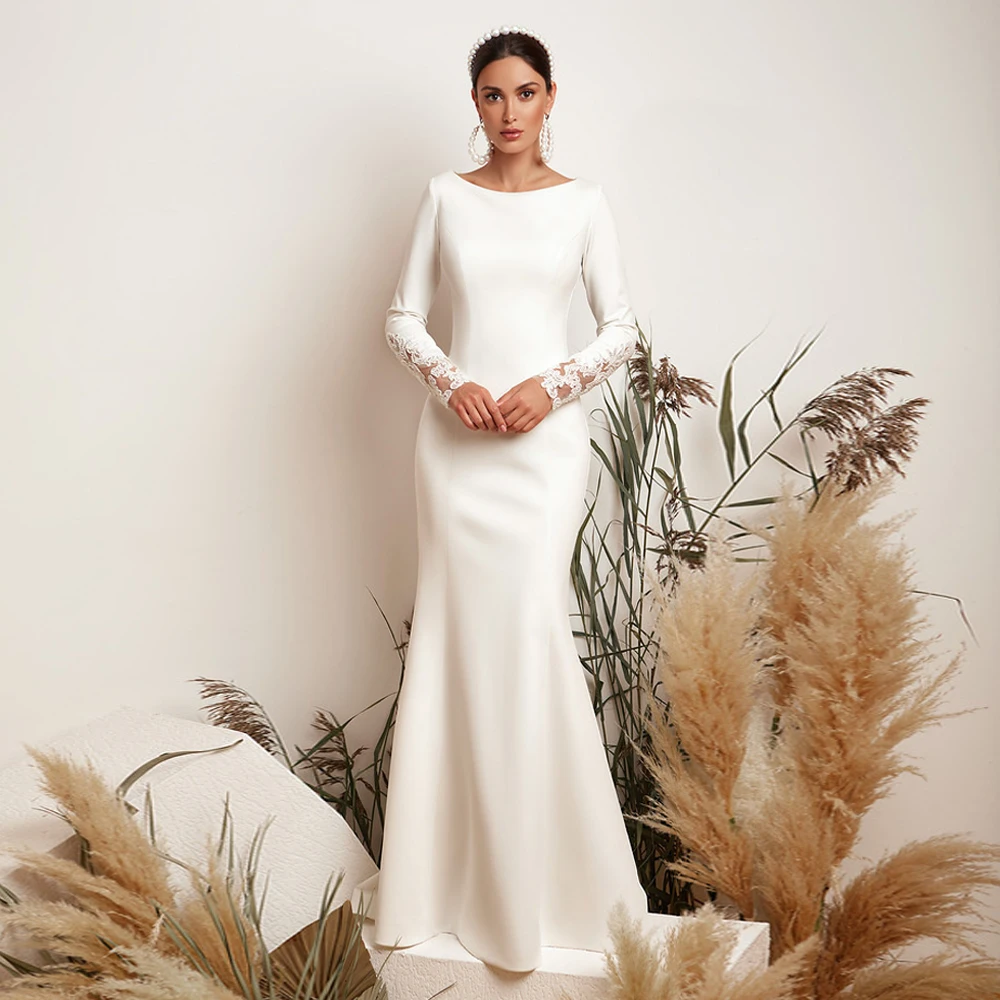 Modest Saudi Arabic Jersey Wedding Dresses Scoop Long Sleeves Back Appliques Sweep Train Mermaid платье женское Bridal Gowns wedding dresses