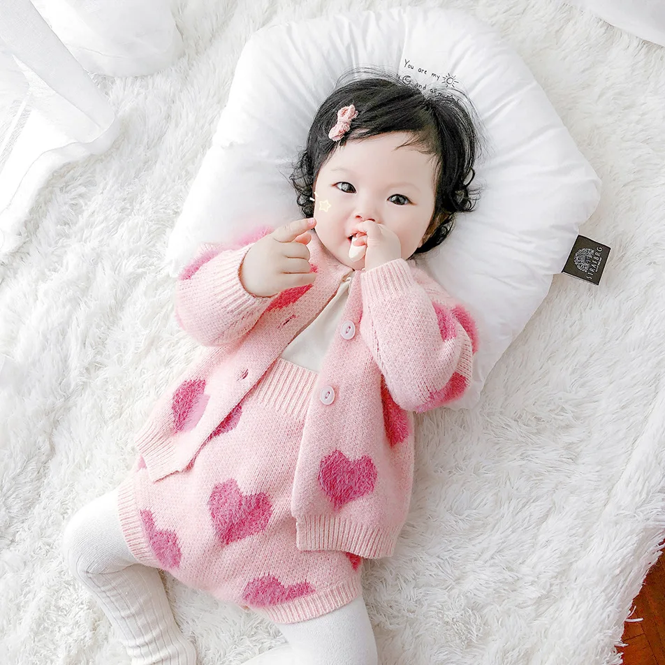 Baby Girl Knit Clothing Set Heart Bodysuit Sweaters
