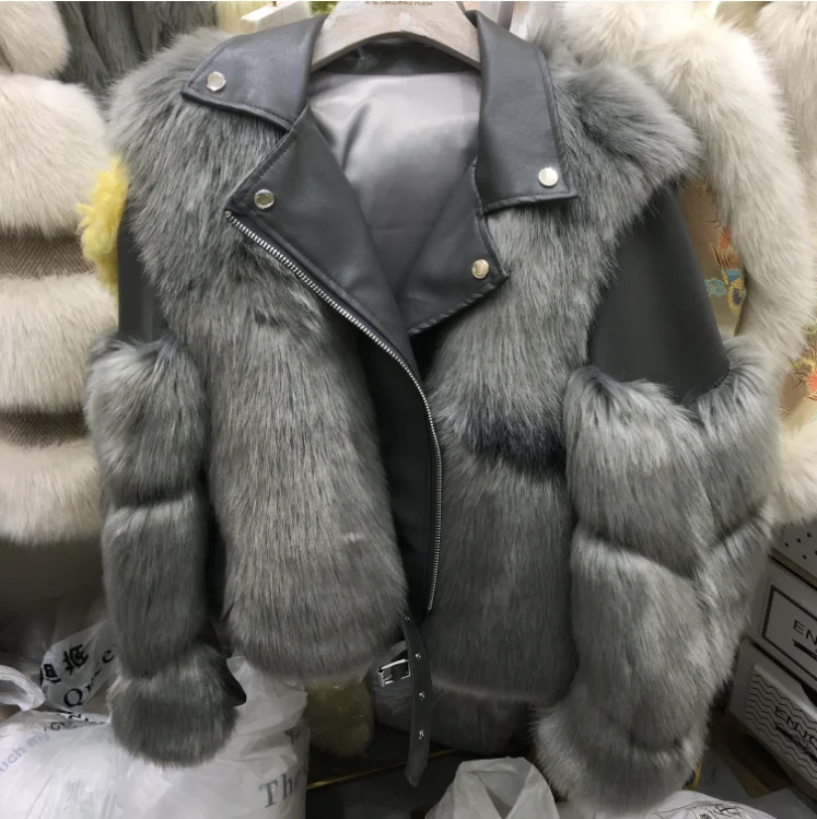 Меховая куртка Wonen, новая зимняя куртка из искусственного лисьего меха с длинным рукавом на молнии, Короткая Меховая куртка с локомотивом, Женское пальто высокого качества - Цвет: Темно-серый