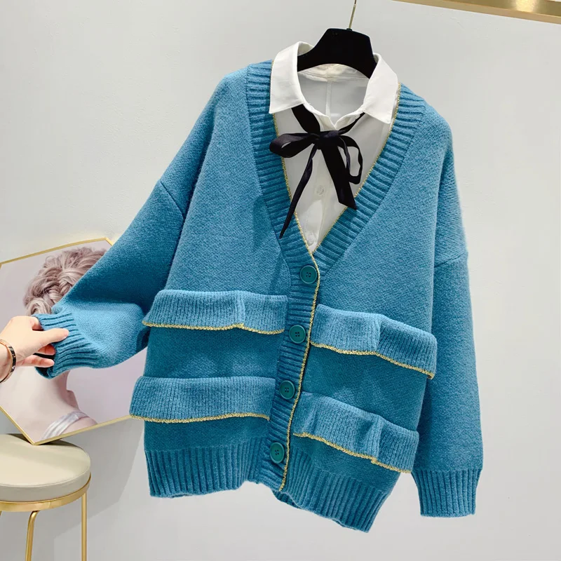 Синий Fall New Medium and Long Lotus Leaf Edge Korean Version Loose Sweater Cardigan Coat Girl Long Sleeve Women Clothing - Цвет: Синий