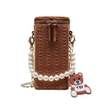 

Small Straw Bucket Bags For Women 2019 Summer Crossbody Bags Lady Purses and Handbags Female Pearl handl Shoulder Messenger Bag