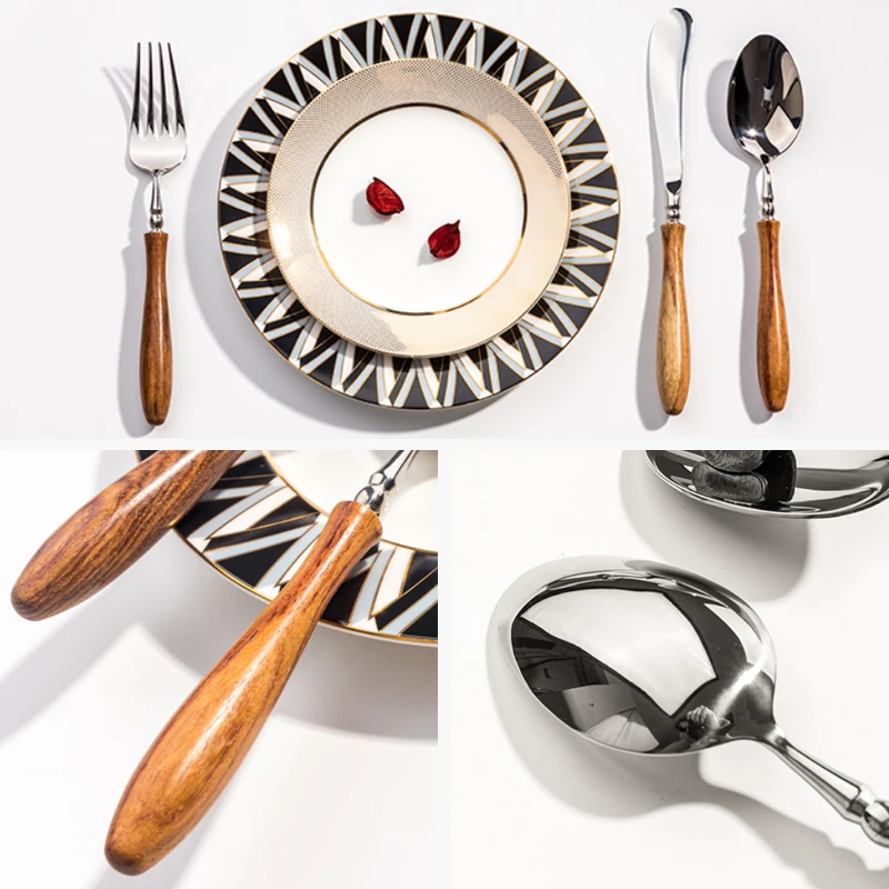 Wooden Handle Tableware Set 304 Stainless Steel Metal Head Easy to Clean Steak Cutlery set cutlery set western style cutlery set stainless steel cutlery set