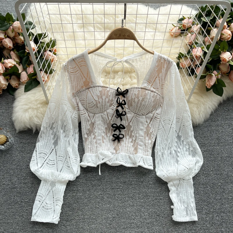 Elegant Lantern Sleeve Lace Blouse For Women Streetwear Square Neck Back Lace Up Shirt Top Ladies Sweet Bowknot Crop Top