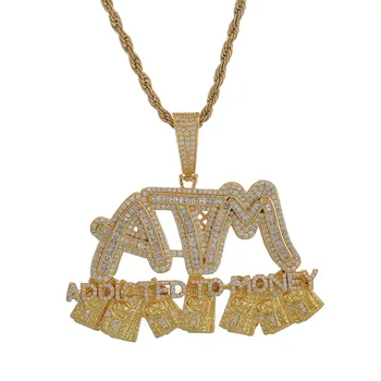 

Iced Out Bling ATM Letters Addicted To Money Pendant Necklace Micro Pave CZ Gold Silver Color Necklace Men Hip Hop Jewelry
