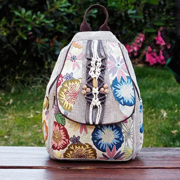 

Hot Vintage String appliques women traveller backpacks!Nice Floral embossing lady Zipper&hasp backrack Versatile canvas backruck