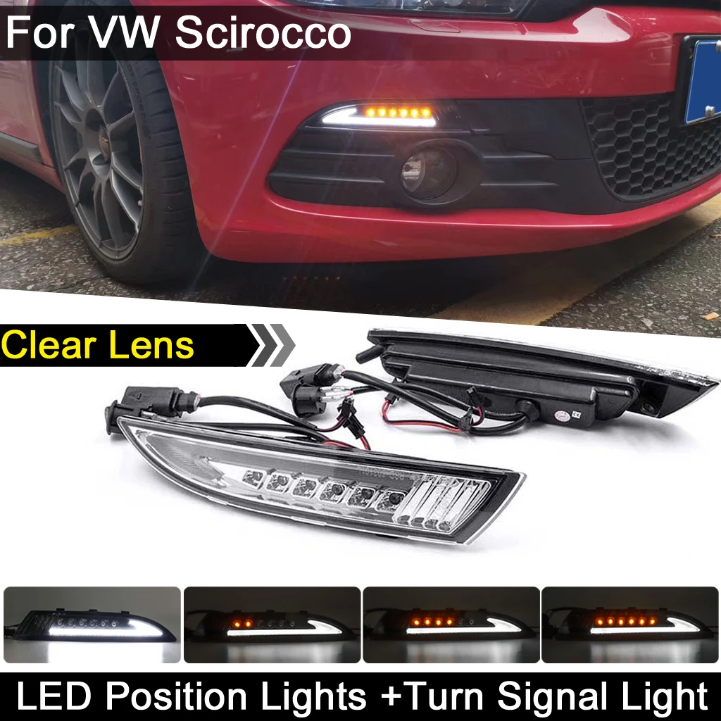 

2Pcs For VW Scirocco 2008-2013 Clear Lens 2-in-1 Car Front Dynamic Amber Turn Signal Light And White LED Position Lights