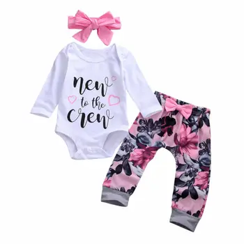 

0-18M Baby Girls Clothes 3PCS Newborn Cotton Clothes Long Sleeve Romper + Floral Pants + Headwear Outfit Set