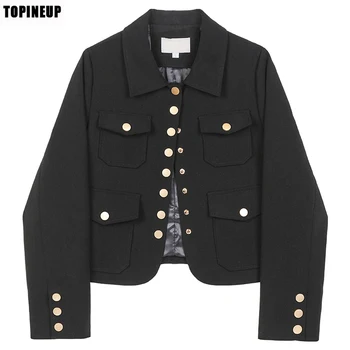 

New items 2020 women Multi-pocket Tooling style lapel female bomber jacket with metal buckle Long sleeve black suit jackets