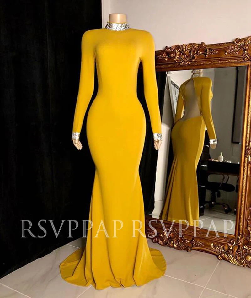 

Long Mermaid Prom Dresses 2020 Elegant African Girl Long Sleeve Sexy Bakless Stretch Satin Yellow Prom Dress