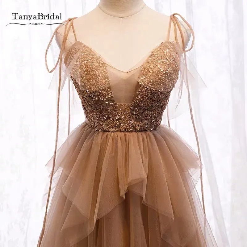 Light Brown Prom Dresses Lace Appliques 