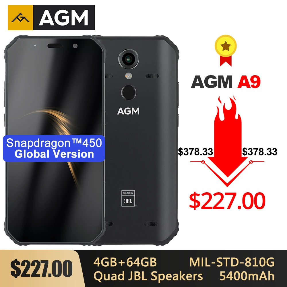 AGM A9 прочный IP68 водонепроницаемый смартфон SDM450 5,9" FHD+ 4 Гб 64 Гб 5400 мАч Quick Charge 3,0 Android 8,1 Quad-Box динамики NFC