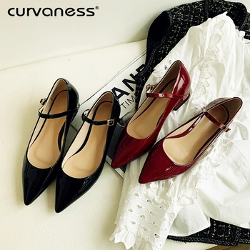 

2020 New Curvaness Genuine Leather Black Pointed Toe Mary Jane Pump Buckle Embroidery Wedding Shoes OL Banquet Low Heel Shoes