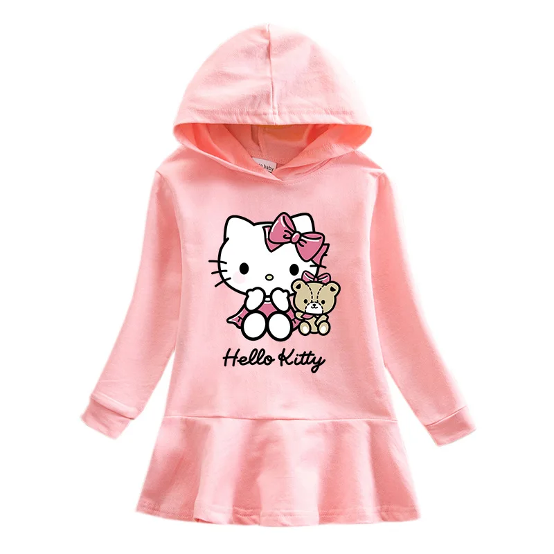 thumbnail image 1 of Hello Kitty primavera y otoño nuevos niños vestido suéter con capucha niña lindo dibujos animados dulce señora falda bebé algodón vestido cómodo, 1 of 4