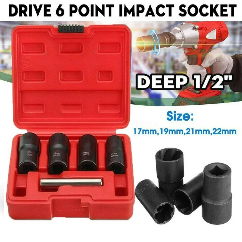 5PCS/Set Twist Socket Kit 4 Damaged Worn Lug Nut & Wheel Lock Nut Removal Extractor Tool 1/2Inch