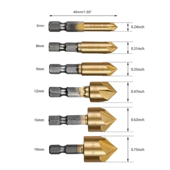 

Newest 6PC High Speed Steel 5 Flute Countersink Drill Bit Set 90 Degree 1/4" Counter Sink Chamfer Cutter DIY Power Tools