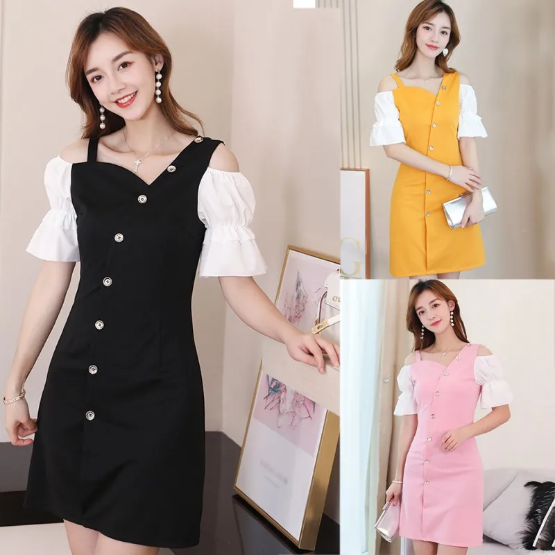

Women 's Fashion Asymmetrical Collar Solid Short Sleeve Cold Shoulder Buttons Patchwork A-Line Office Lady Mini Dress