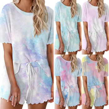 

Summer Tie Dye Print Women Pajamas Set Casual O-Neck Gradient Blue Two Piece Pajamas Suit Short Flared Sleeves